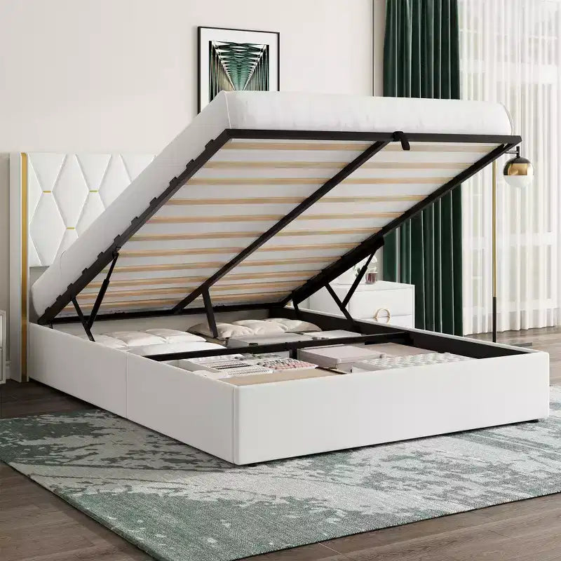 Cadre de lit avec sommier relevable, et tête de lit capitonnée à oreilles