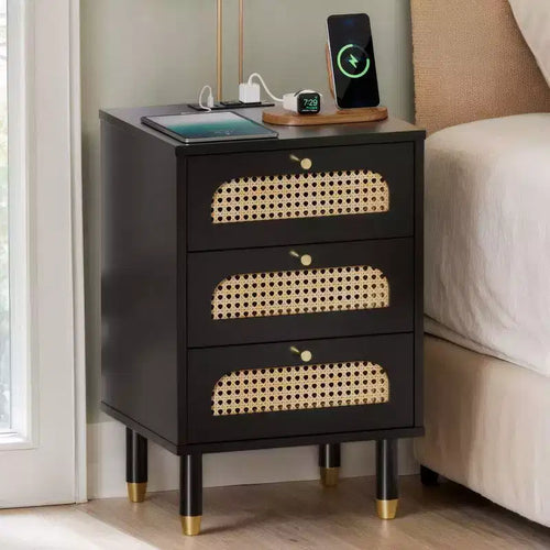 Karl Home 15.75 Inch 3-Drawer Rattan Nightstand with US Standard Power Outlet