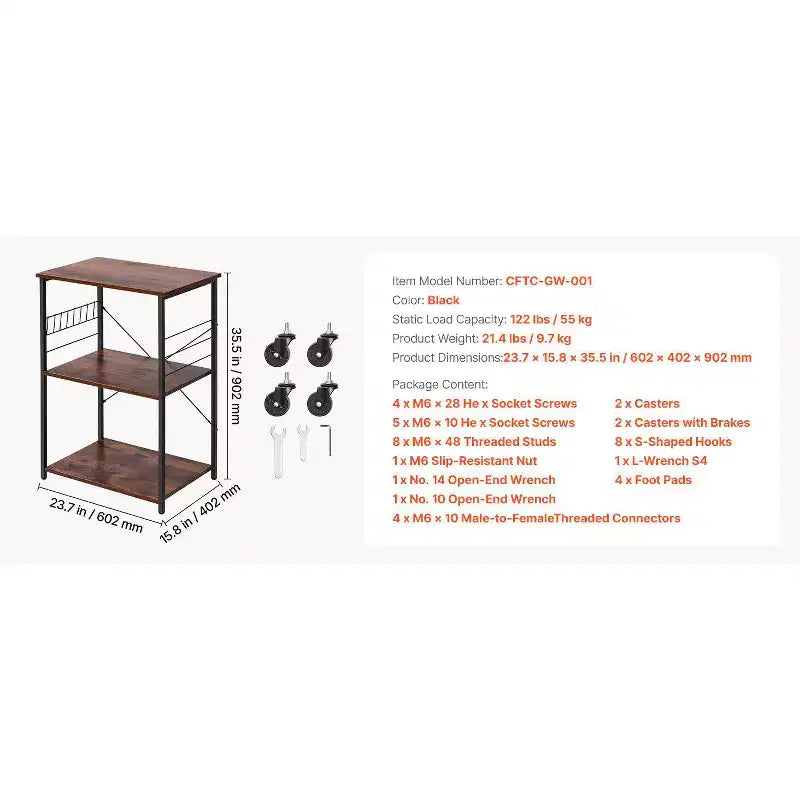 Chariot de cuisine, desserte 3 niveaux 60,2 cm pour micro-ondes et café