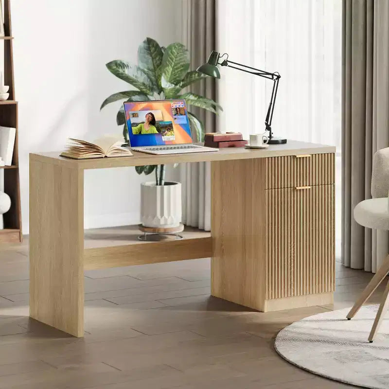 60 Modern Fluted Executive Desk with Drawers & Storage Cabinet, Natural Oak Wood Home Office Computer Desk, Writing Table for Study & Workspace