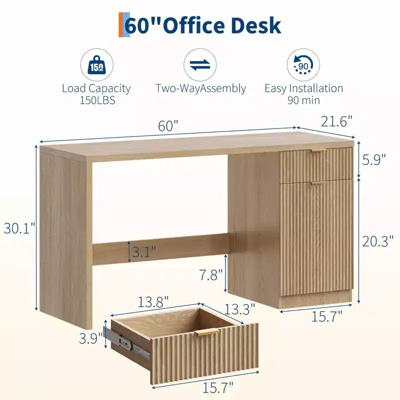 Bureau de direction moderne cannelé de 60 po avec tiroirs