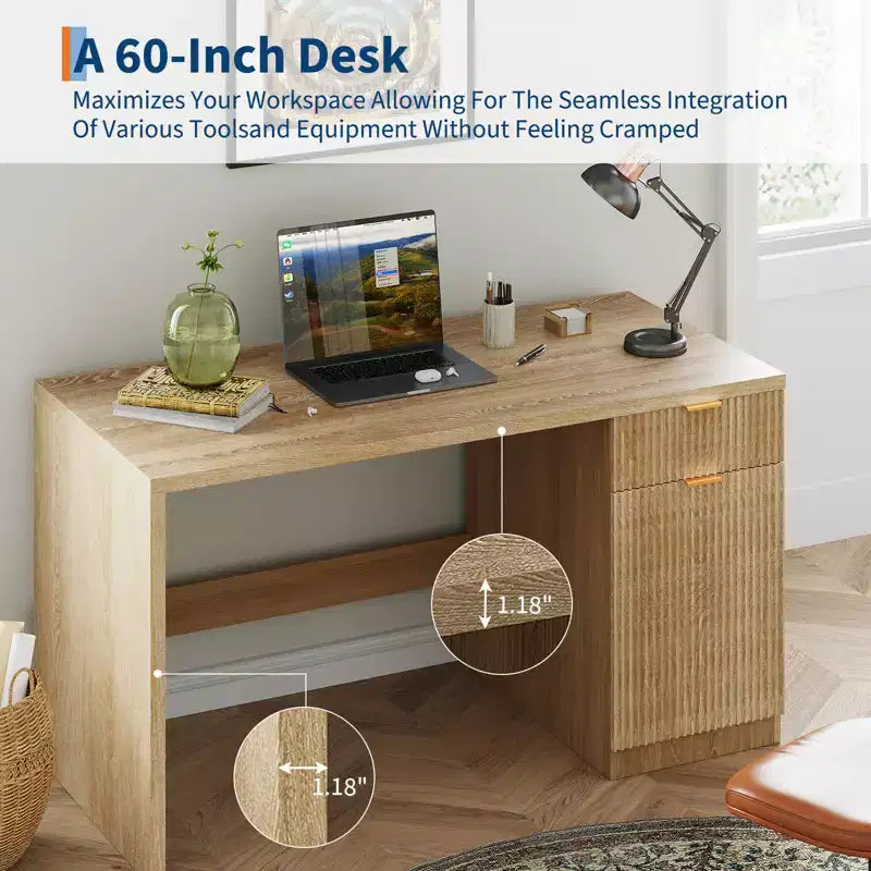 Bureau de direction moderne cannelé de 60 po avec tiroirs