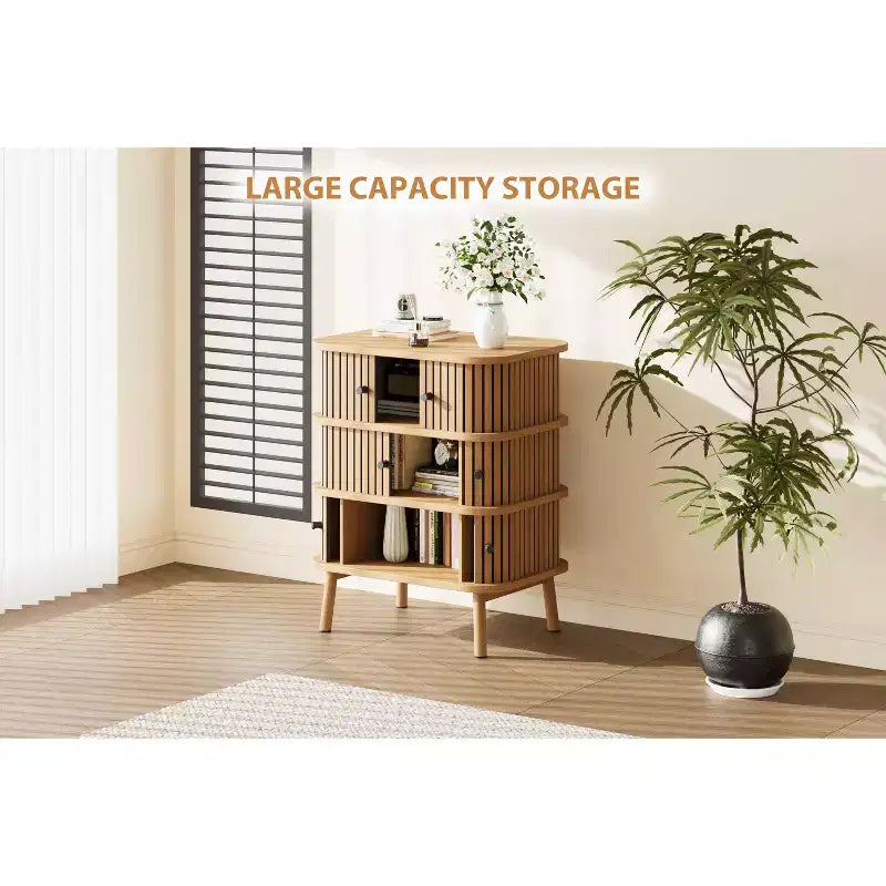 Commode 3 tiroirs avec porte coulissante en rotin d'osier naturel