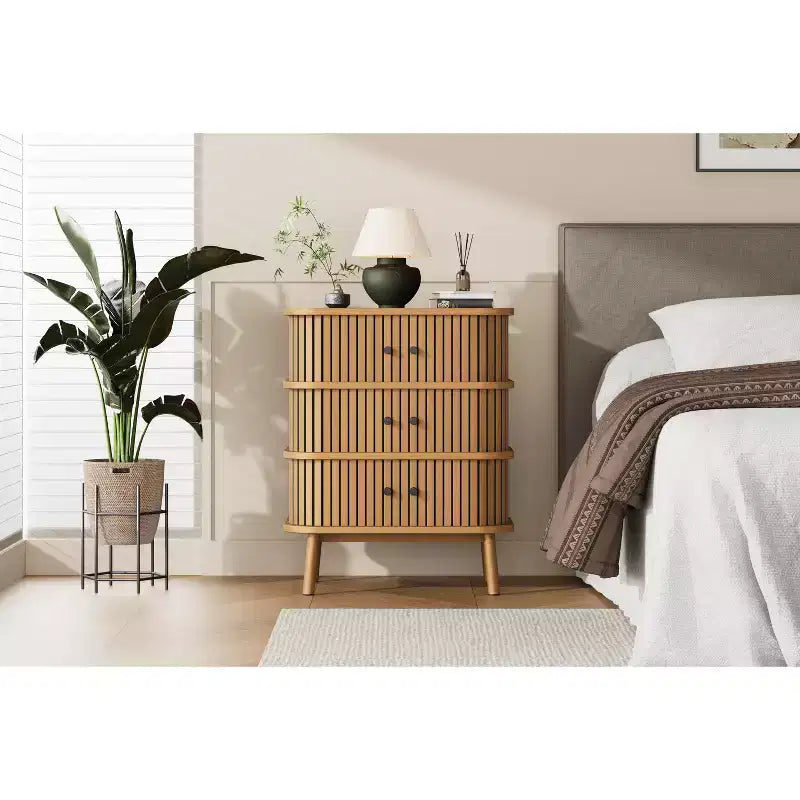 Commode 3 tiroirs avec porte coulissante en rotin d'osier naturel